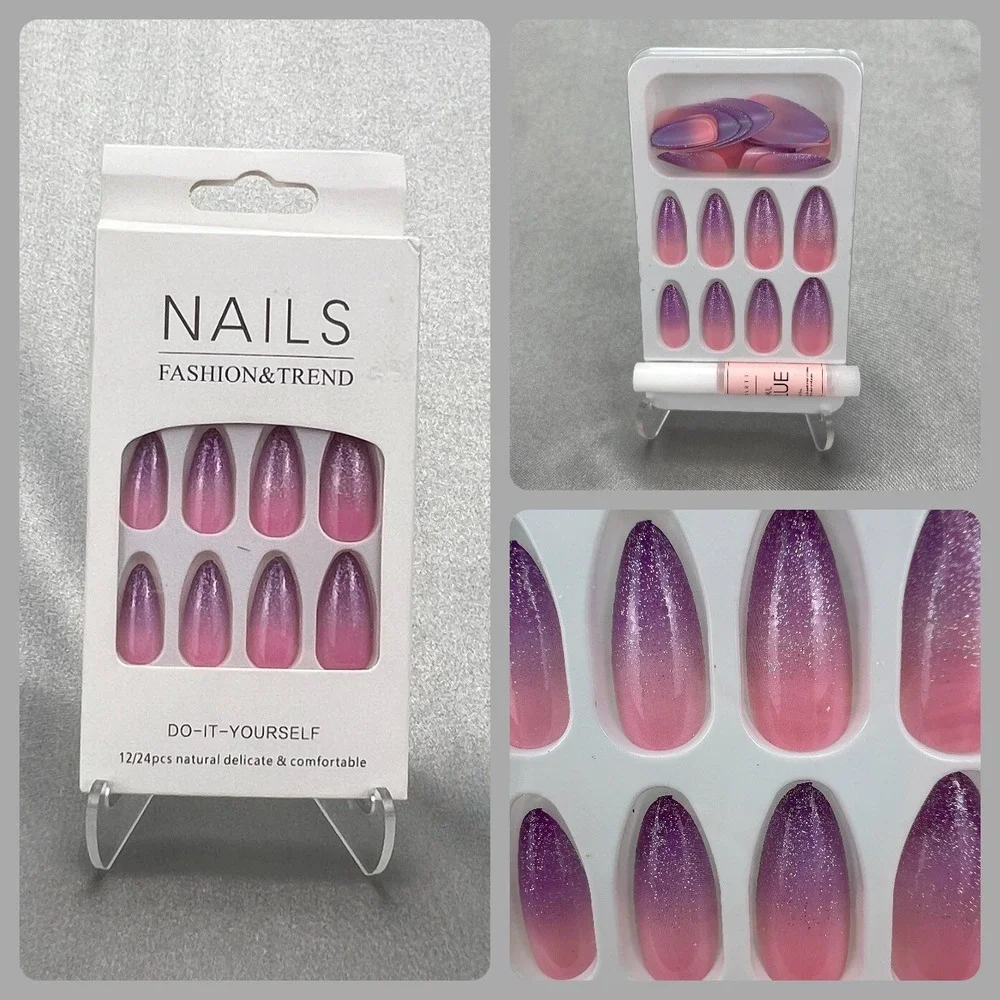 Valentine's 24pcs Set Press On‎ Nails Pink Purple Ombre Glitter Almond Shape